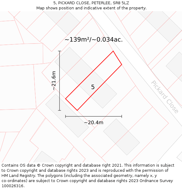 5, PICKARD CLOSE, PETERLEE, SR8 5LZ: Plot and title map