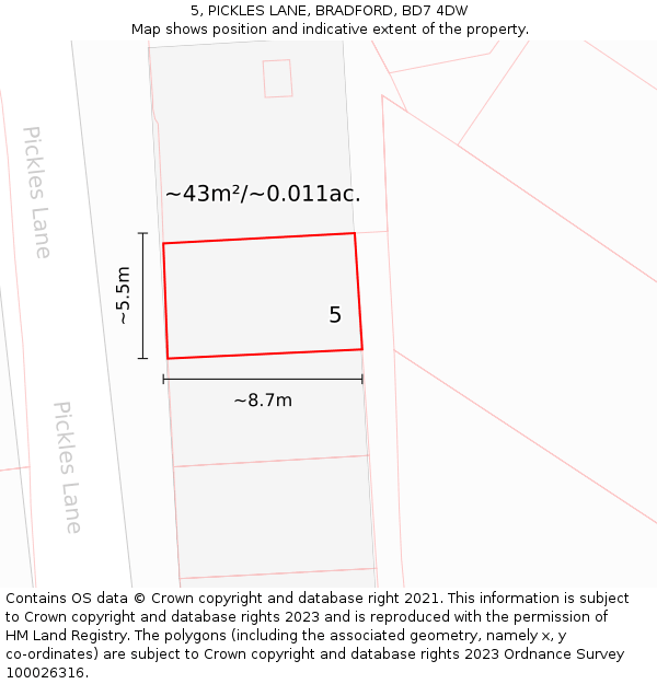 5, PICKLES LANE, BRADFORD, BD7 4DW: Plot and title map