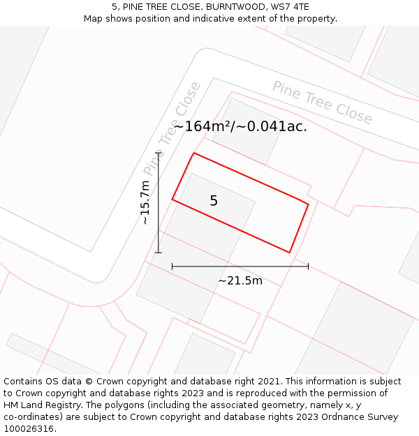 5, PINE TREE CLOSE, BURNTWOOD, WS7 4TE: Plot and title map