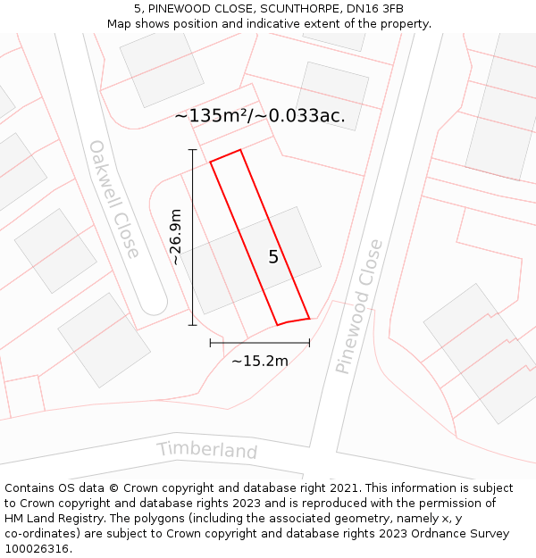 5, PINEWOOD CLOSE, SCUNTHORPE, DN16 3FB: Plot and title map