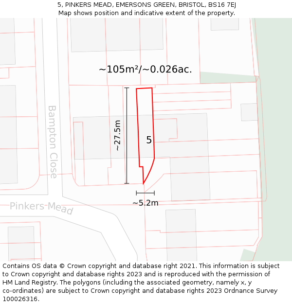 5, PINKERS MEAD, EMERSONS GREEN, BRISTOL, BS16 7EJ: Plot and title map
