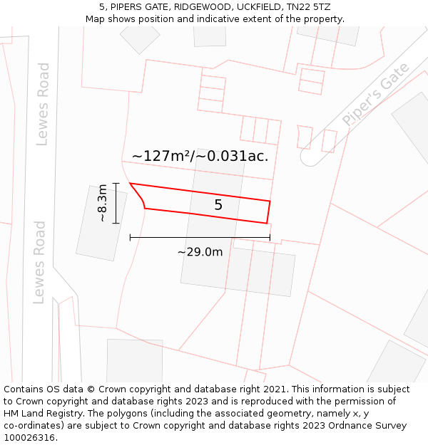 5, PIPERS GATE, RIDGEWOOD, UCKFIELD, TN22 5TZ: Plot and title map