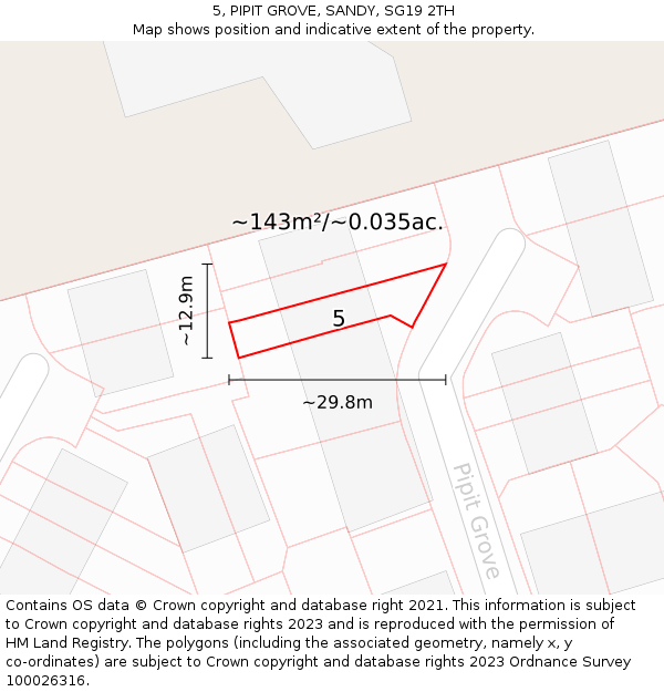 5, PIPIT GROVE, SANDY, SG19 2TH: Plot and title map