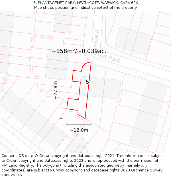 5, PLANTAGENET PARK, HEATHCOTE, WARWICK, CV34 6EX: Plot and title map