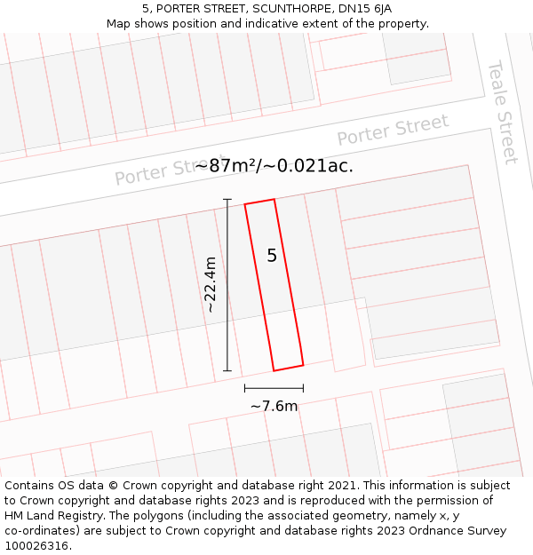 5, PORTER STREET, SCUNTHORPE, DN15 6JA: Plot and title map