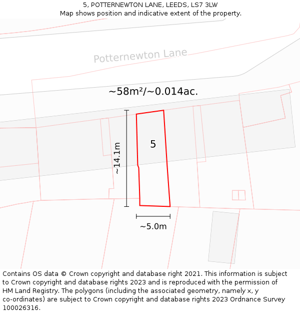 5, POTTERNEWTON LANE, LEEDS, LS7 3LW: Plot and title map