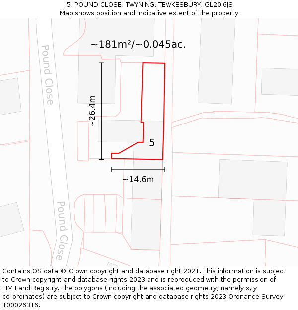 5, POUND CLOSE, TWYNING, TEWKESBURY, GL20 6JS: Plot and title map