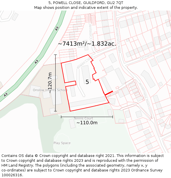 5, POWELL CLOSE, GUILDFORD, GU2 7QT: Plot and title map