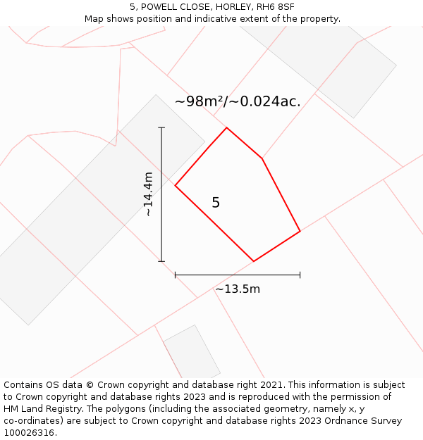 5, POWELL CLOSE, HORLEY, RH6 8SF: Plot and title map