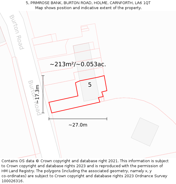 5, PRIMROSE BANK, BURTON ROAD, HOLME, CARNFORTH, LA6 1QT: Plot and title map