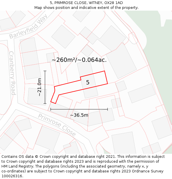 5, PRIMROSE CLOSE, WITNEY, OX28 1AD: Plot and title map