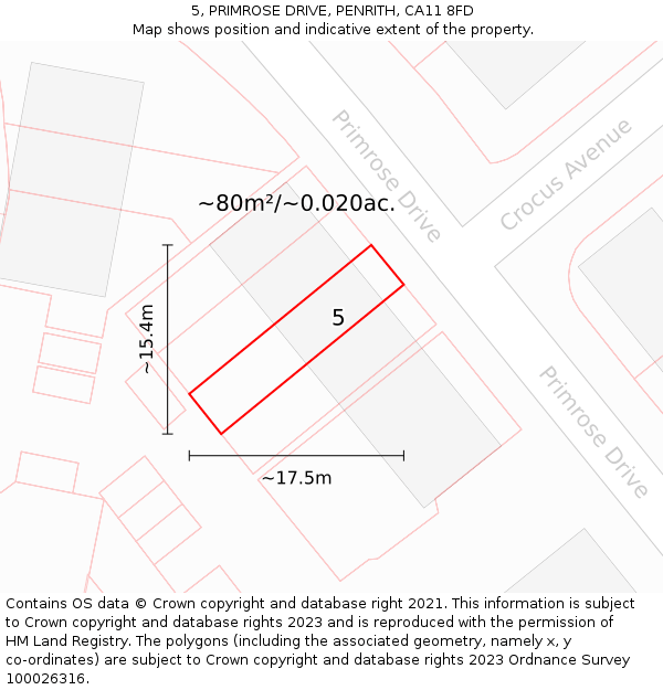 5, PRIMROSE DRIVE, PENRITH, CA11 8FD: Plot and title map