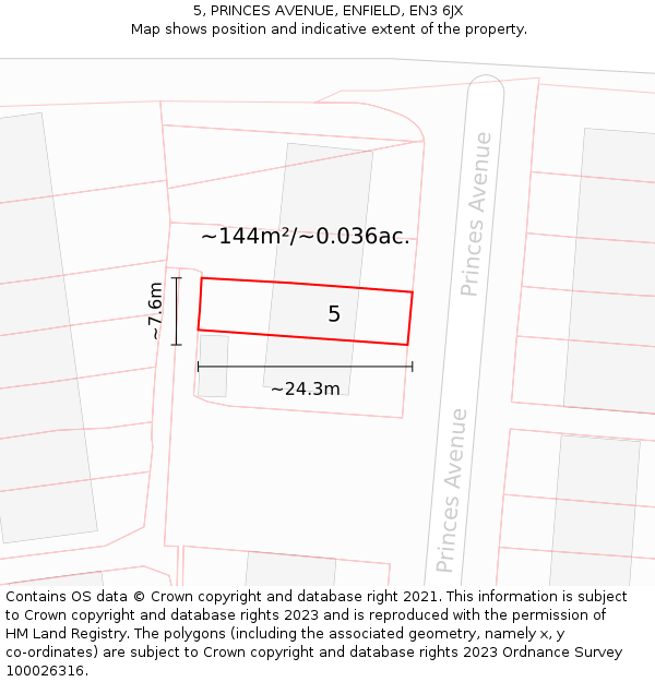 5, PRINCES AVENUE, ENFIELD, EN3 6JX: Plot and title map