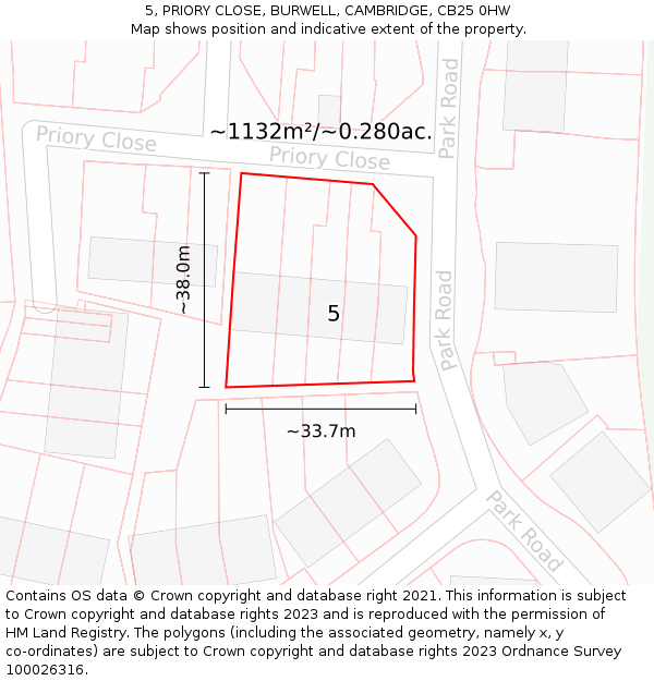 5, PRIORY CLOSE, BURWELL, CAMBRIDGE, CB25 0HW: Plot and title map