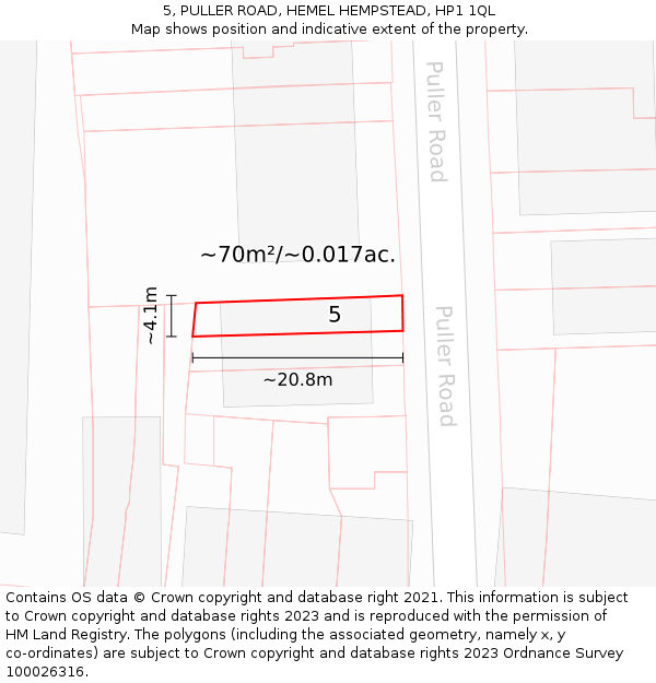 5, PULLER ROAD, HEMEL HEMPSTEAD, HP1 1QL: Plot and title map