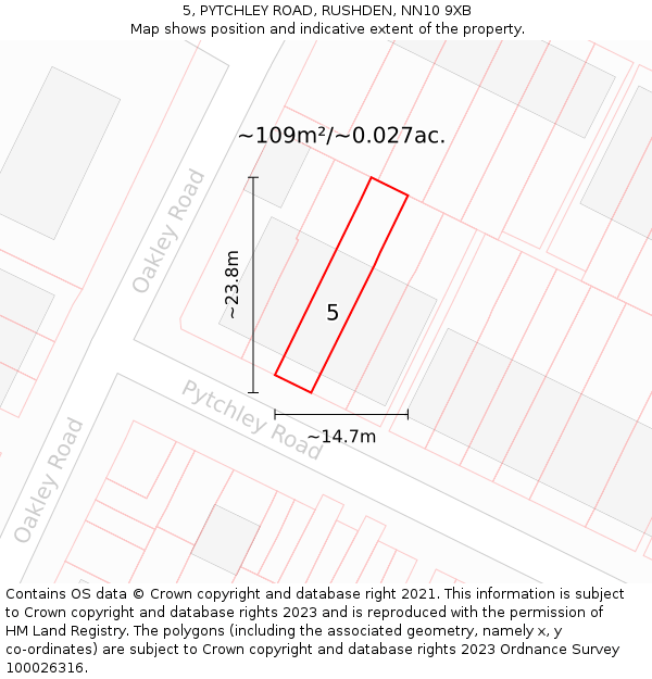 5, PYTCHLEY ROAD, RUSHDEN, NN10 9XB: Plot and title map