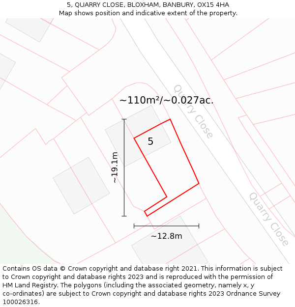 5, QUARRY CLOSE, BLOXHAM, BANBURY, OX15 4HA: Plot and title map