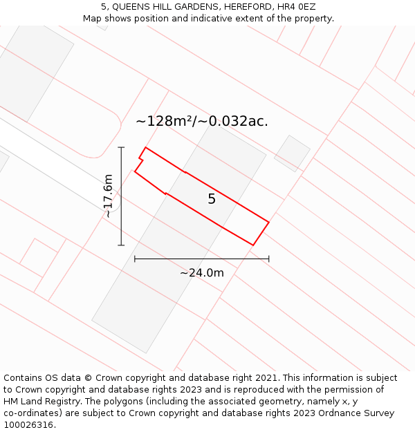 5, QUEENS HILL GARDENS, HEREFORD, HR4 0EZ: Plot and title map