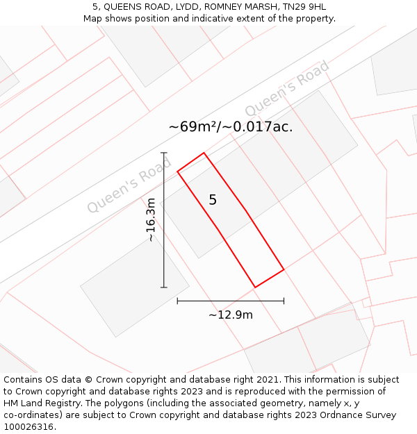 5, QUEENS ROAD, LYDD, ROMNEY MARSH, TN29 9HL: Plot and title map