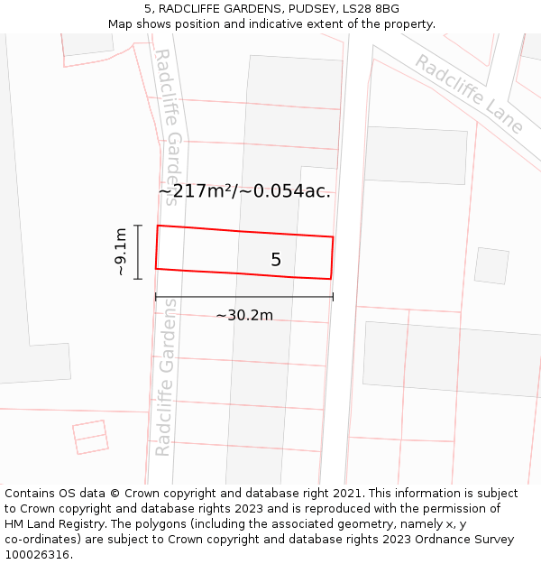 5, RADCLIFFE GARDENS, PUDSEY, LS28 8BG: Plot and title map