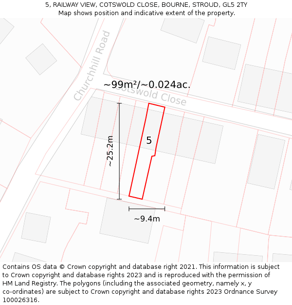 5, RAILWAY VIEW, COTSWOLD CLOSE, BOURNE, STROUD, GL5 2TY: Plot and title map