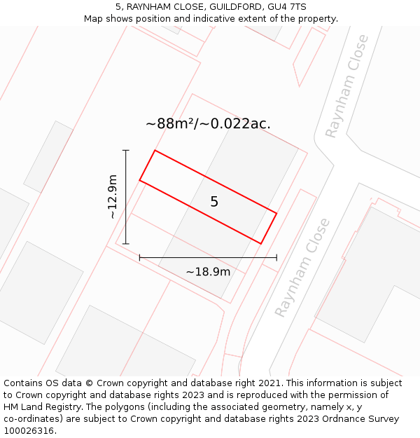 5, RAYNHAM CLOSE, GUILDFORD, GU4 7TS: Plot and title map