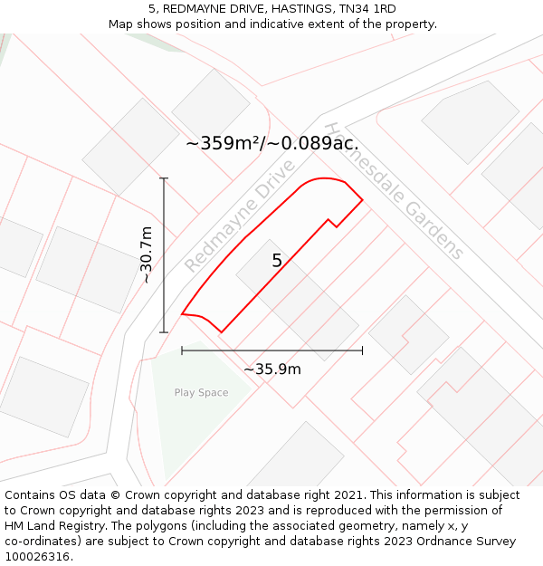 5, REDMAYNE DRIVE, HASTINGS, TN34 1RD: Plot and title map