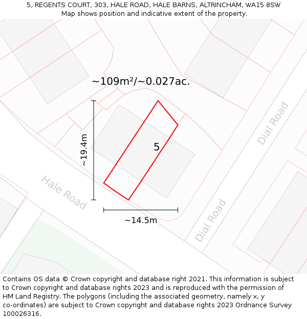 5, REGENTS COURT, 303, HALE ROAD, HALE BARNS, ALTRINCHAM, WA15 8SW: Plot and title map