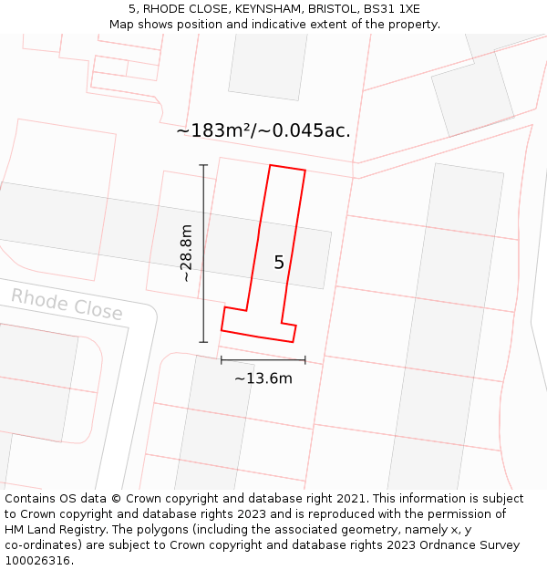 5, RHODE CLOSE, KEYNSHAM, BRISTOL, BS31 1XE: Plot and title map