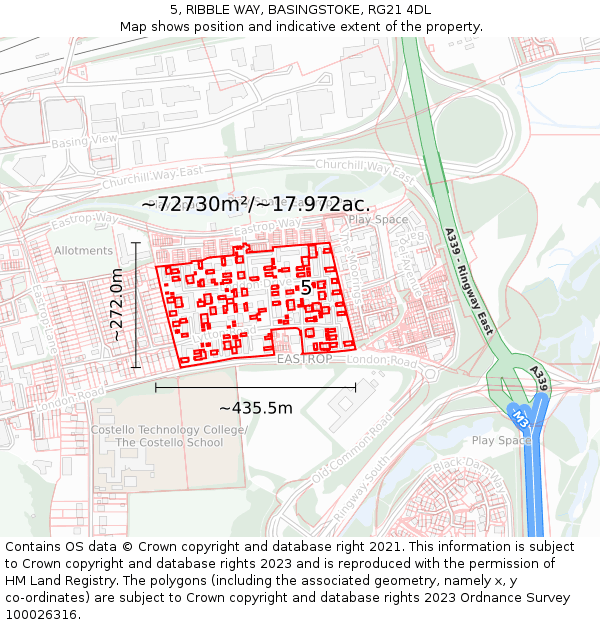 5, RIBBLE WAY, BASINGSTOKE, RG21 4DL: Plot and title map