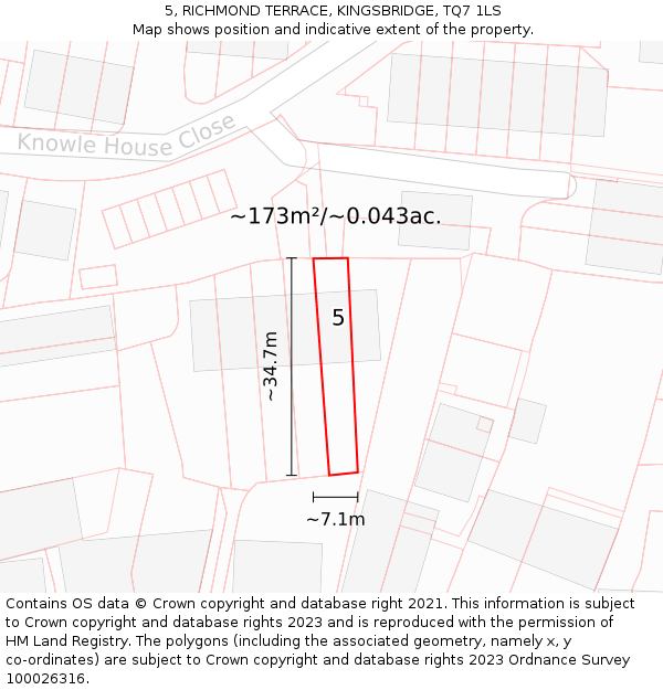 5, RICHMOND TERRACE, KINGSBRIDGE, TQ7 1LS: Plot and title map