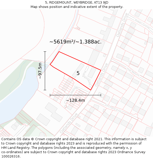 5, RIDGEMOUNT, WEYBRIDGE, KT13 9JD: Plot and title map