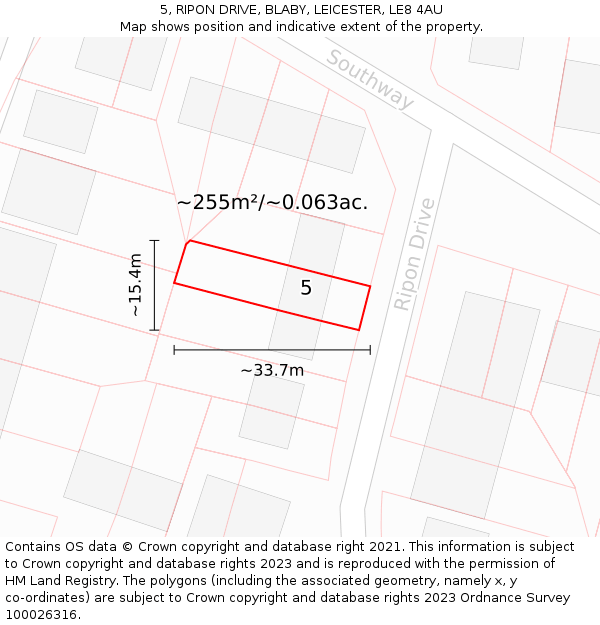 5, RIPON DRIVE, BLABY, LEICESTER, LE8 4AU: Plot and title map