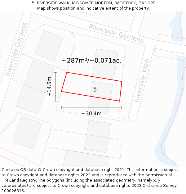 5, RIVERSIDE WALK, MIDSOMER NORTON, RADSTOCK, BA3 2PF: Plot and title map