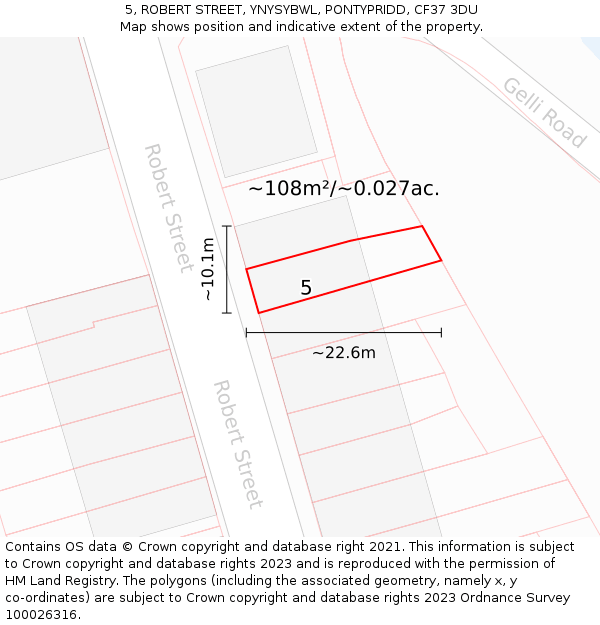 5, ROBERT STREET, YNYSYBWL, PONTYPRIDD, CF37 3DU: Plot and title map