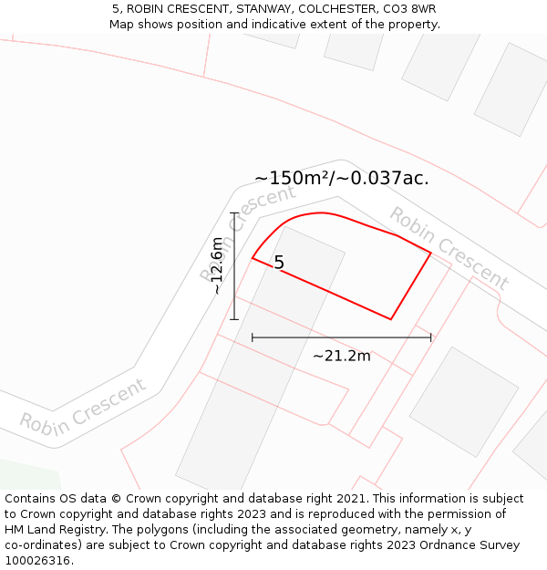5, ROBIN CRESCENT, STANWAY, COLCHESTER, CO3 8WR: Plot and title map