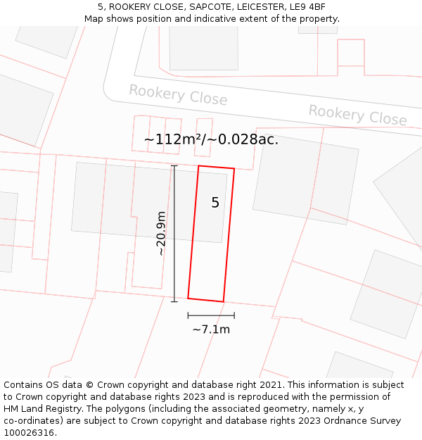 5, ROOKERY CLOSE, SAPCOTE, LEICESTER, LE9 4BF: Plot and title map