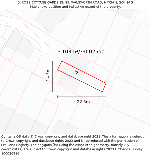 5, ROSE COTTAGE GARDENS, 89, WALSWORTH ROAD, HITCHIN, SG4 9FG: Plot and title map