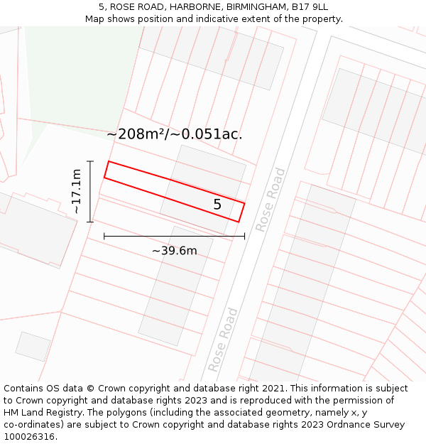 5, ROSE ROAD, HARBORNE, BIRMINGHAM, B17 9LL: Plot and title map