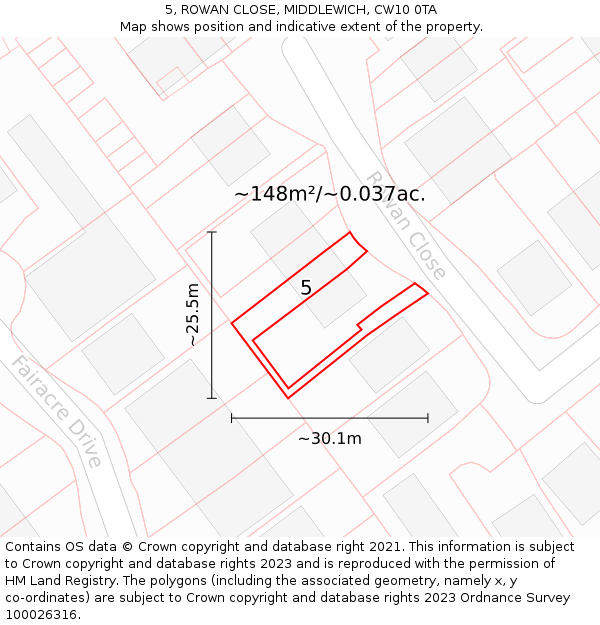 5, ROWAN CLOSE, MIDDLEWICH, CW10 0TA: Plot and title map