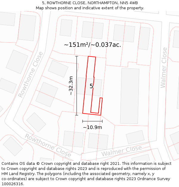 5, ROWTHORNE CLOSE, NORTHAMPTON, NN5 4WB: Plot and title map