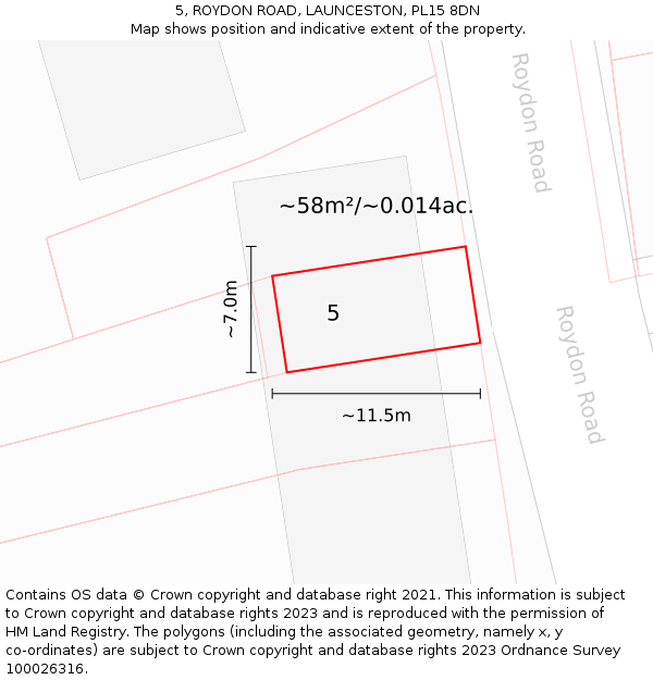 5, ROYDON ROAD, LAUNCESTON, PL15 8DN: Plot and title map