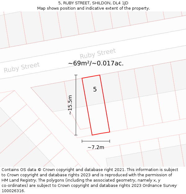 5, RUBY STREET, SHILDON, DL4 1JD: Plot and title map