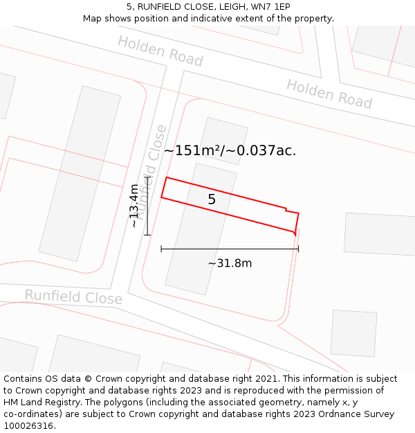 5, RUNFIELD CLOSE, LEIGH, WN7 1EP: Plot and title map