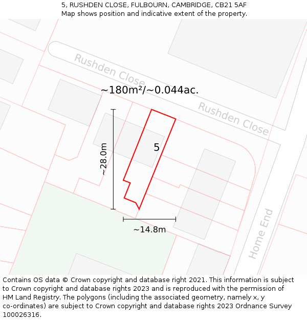 5, RUSHDEN CLOSE, FULBOURN, CAMBRIDGE, CB21 5AF: Plot and title map