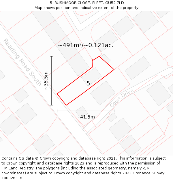 5, RUSHMOOR CLOSE, FLEET, GU52 7LD: Plot and title map