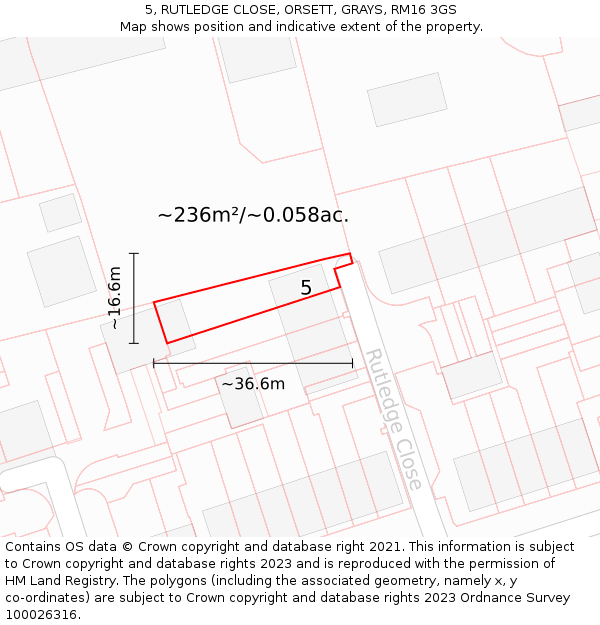 5, RUTLEDGE CLOSE, ORSETT, GRAYS, RM16 3GS: Plot and title map