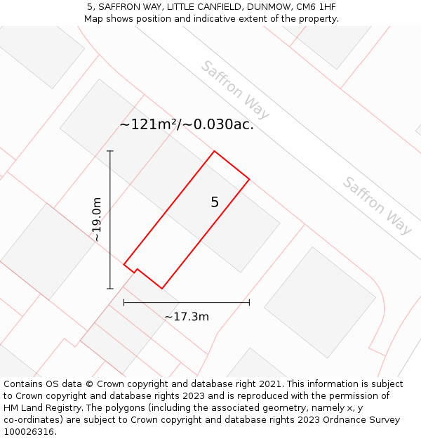 5, SAFFRON WAY, LITTLE CANFIELD, DUNMOW, CM6 1HF: Plot and title map