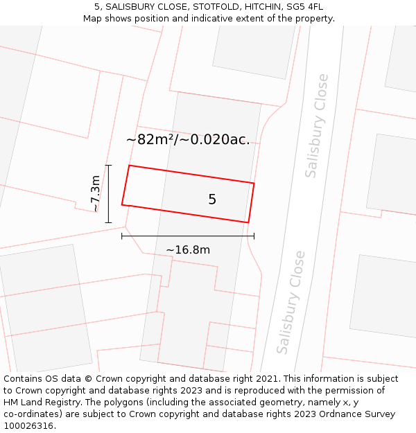5, SALISBURY CLOSE, STOTFOLD, HITCHIN, SG5 4FL: Plot and title map