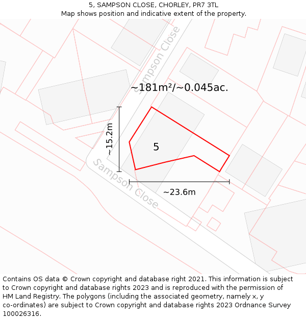 5, SAMPSON CLOSE, CHORLEY, PR7 3TL: Plot and title map